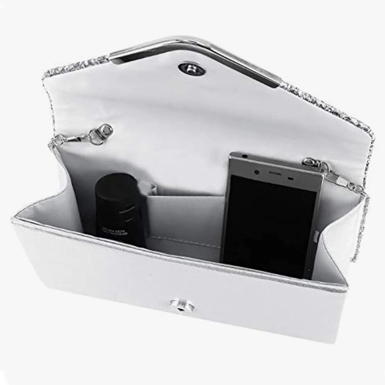 Silver Envelope Purse With Rhinestone Satin Clutch Purse Cocktail Wedding Party Bridal Handbag