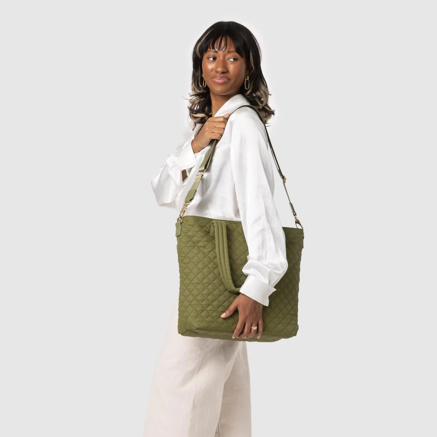 Simple Modern Quilted Tote Bag for Women | Medium Size w/Compartments & Laptop Sleeve | Adjustable Strap | Zipper Top