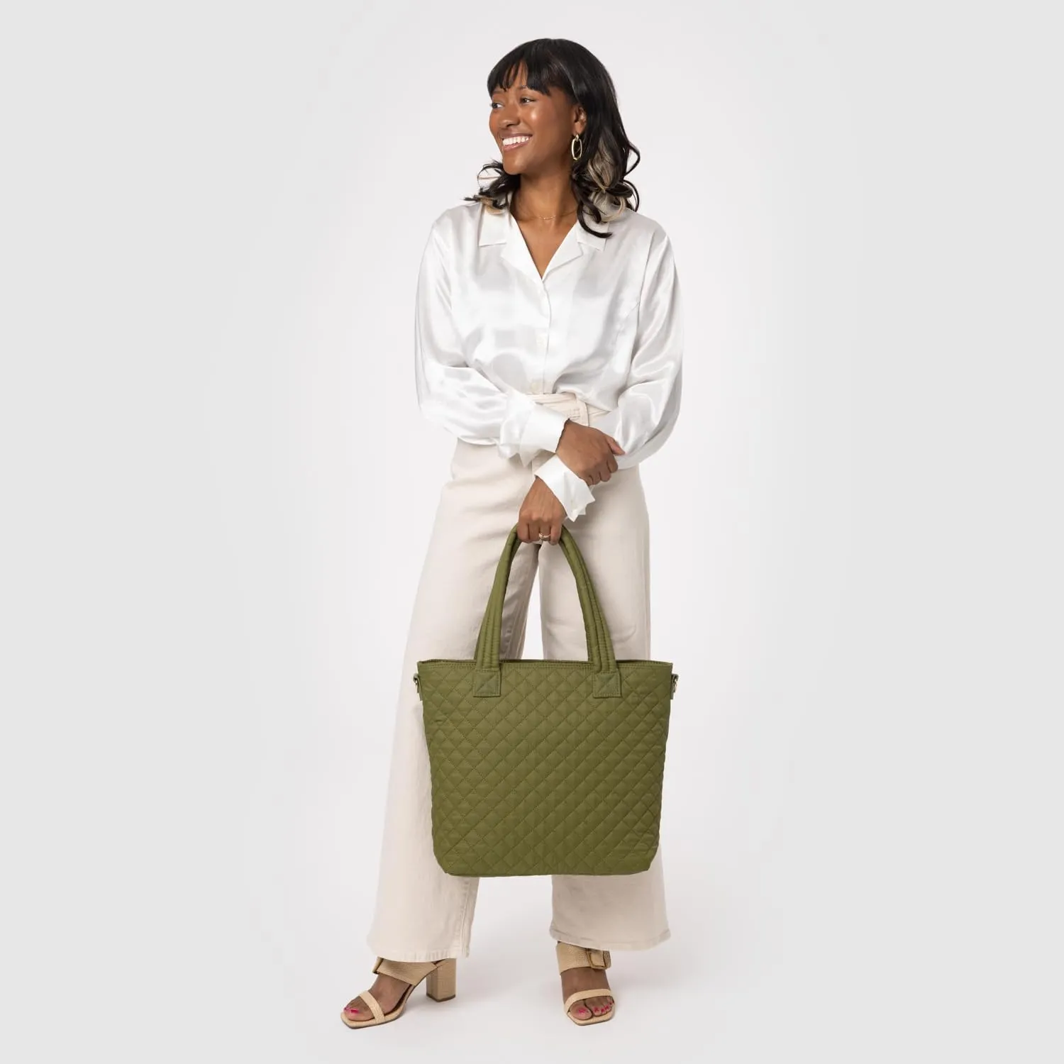 Simple Modern Quilted Tote Bag for Women | Medium Size w/Compartments & Laptop Sleeve | Adjustable Strap | Zipper Top