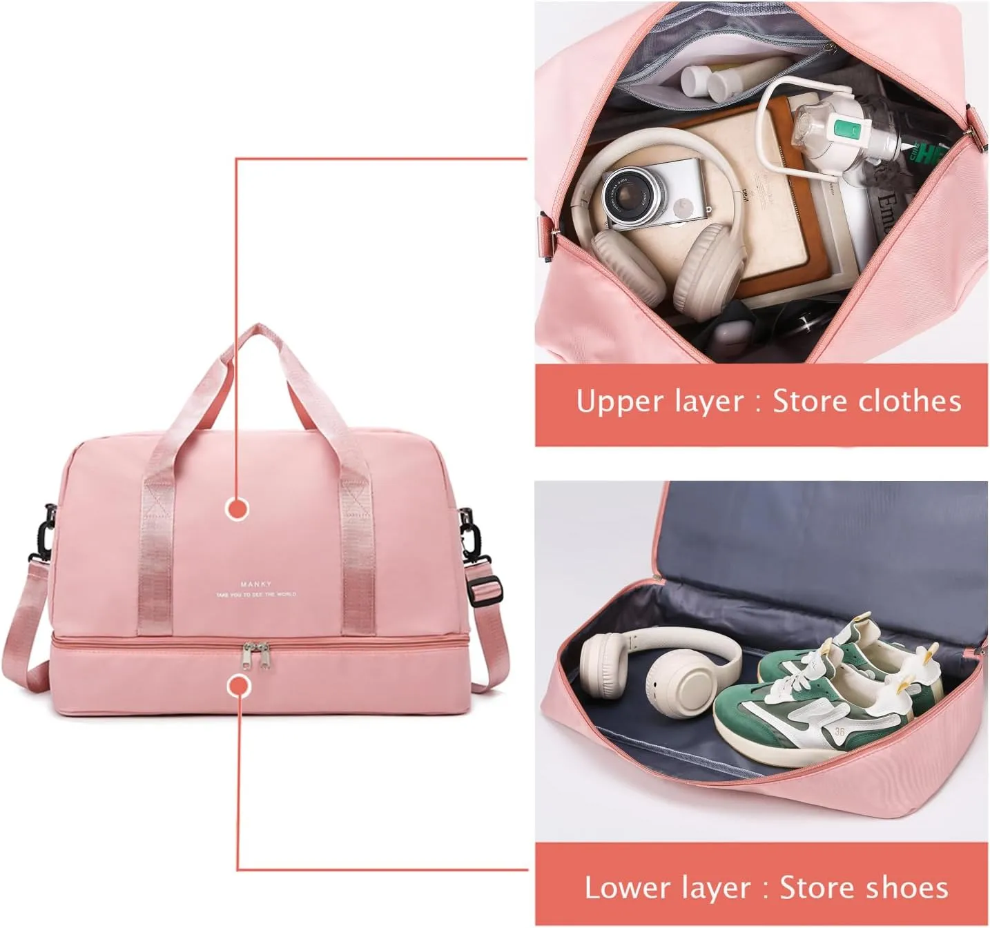 Sports Travel Duffel Bag for Women,Light Gym Bag with Shoe Compartment,Large Capacity Weekender Overnight with Wet Pocket for Lady Travel, Gym, Yoga Light pink