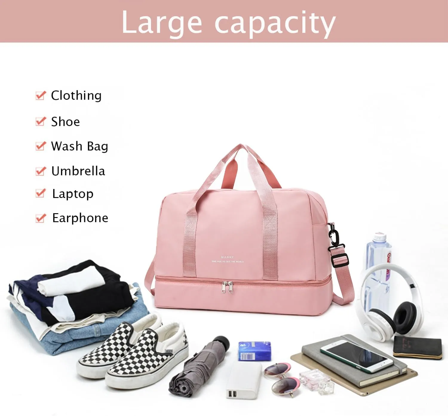 Sports Travel Duffel Bag for Women,Light Gym Bag with Shoe Compartment,Large Capacity Weekender Overnight with Wet Pocket for Lady Travel, Gym, Yoga Light pink