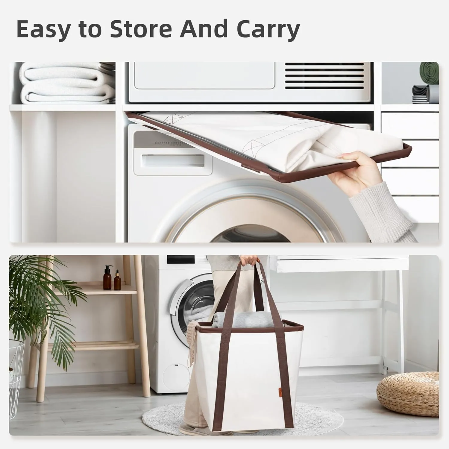 STORAGE MANIAC Collapsible Laundry Caddy, 128L (34 Gal) Large Collapsible Laundry Basket with Sturdy Metal Wire Frame, Long Carry Handles - Space-Saving, Foldable Laundry hamper, 2 Pack Beige