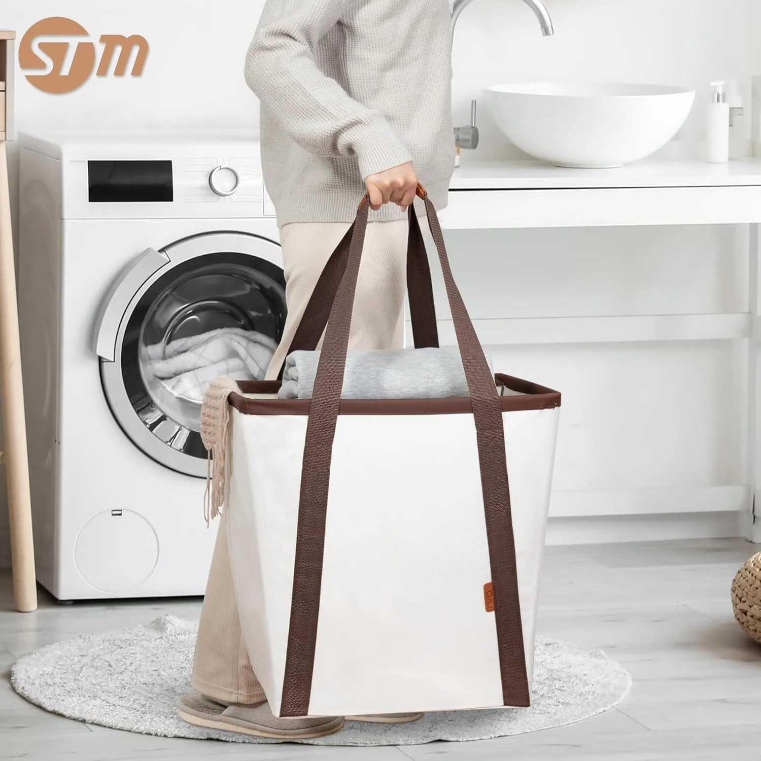 STORAGE MANIAC Collapsible Laundry Caddy, 128L (34 Gal) Large Collapsible Laundry Basket with Sturdy Metal Wire Frame, Long Carry Handles - Space-Saving, Foldable Laundry hamper, 2 Pack Beige
