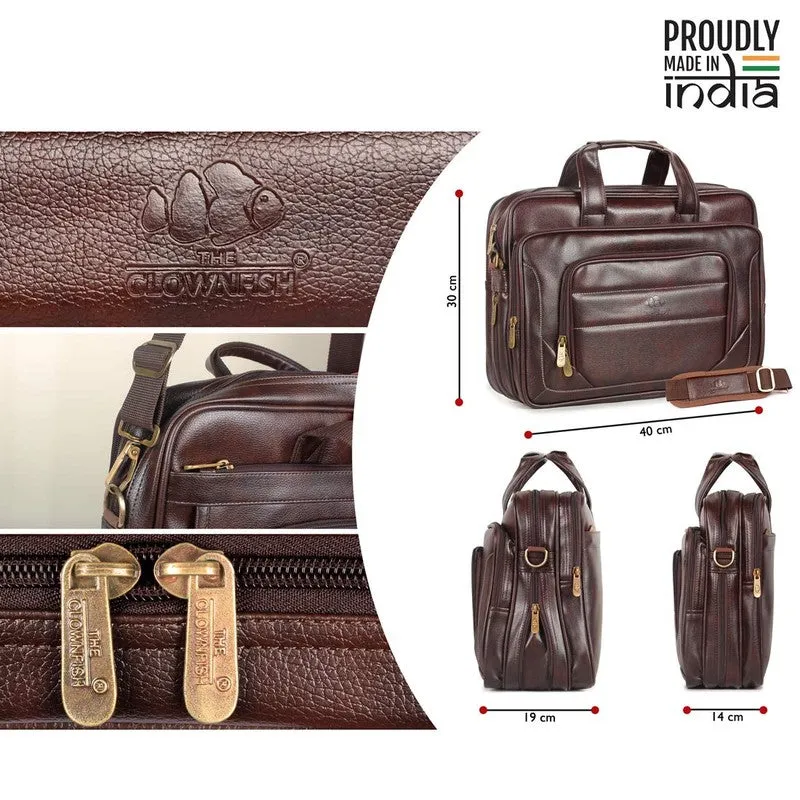 THE CLOWNFISH Faux Leather Expandable Capacity 15.6 inch Laptop Messenger Bag Briefcase (Dark Brown)