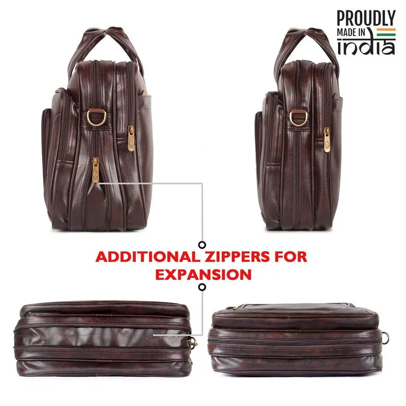 THE CLOWNFISH Faux Leather Expandable Capacity 15.6 inch Laptop Messenger Bag Briefcase (Dark Brown)