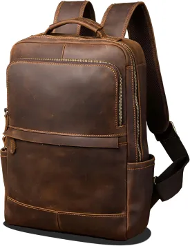 Vintage Genuine Leather 15.6 Inch Laptop Backpack, Hiking Travel Bag Anti Theft Camping Daypack