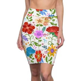 Womens Pencil Skirt - High Waist Stretch - Multicolor Floral Print