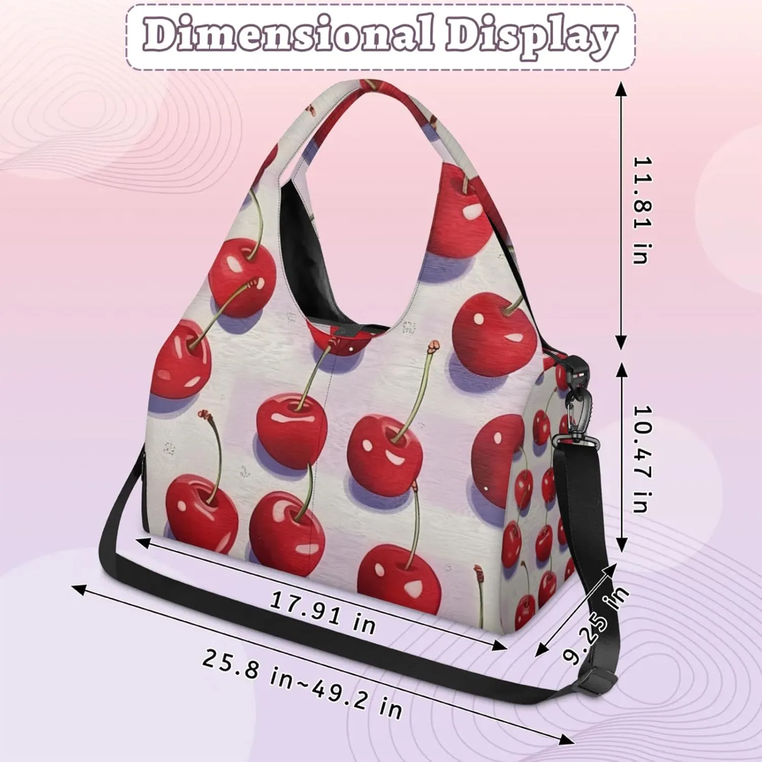Yoga Tote Bag for Women Cute Cherry Print Beach Bag with Shoe Storage & Yoga Mat Strap Waterproof Weekender Duffle Bag for Travel Fitness Weekend Trips