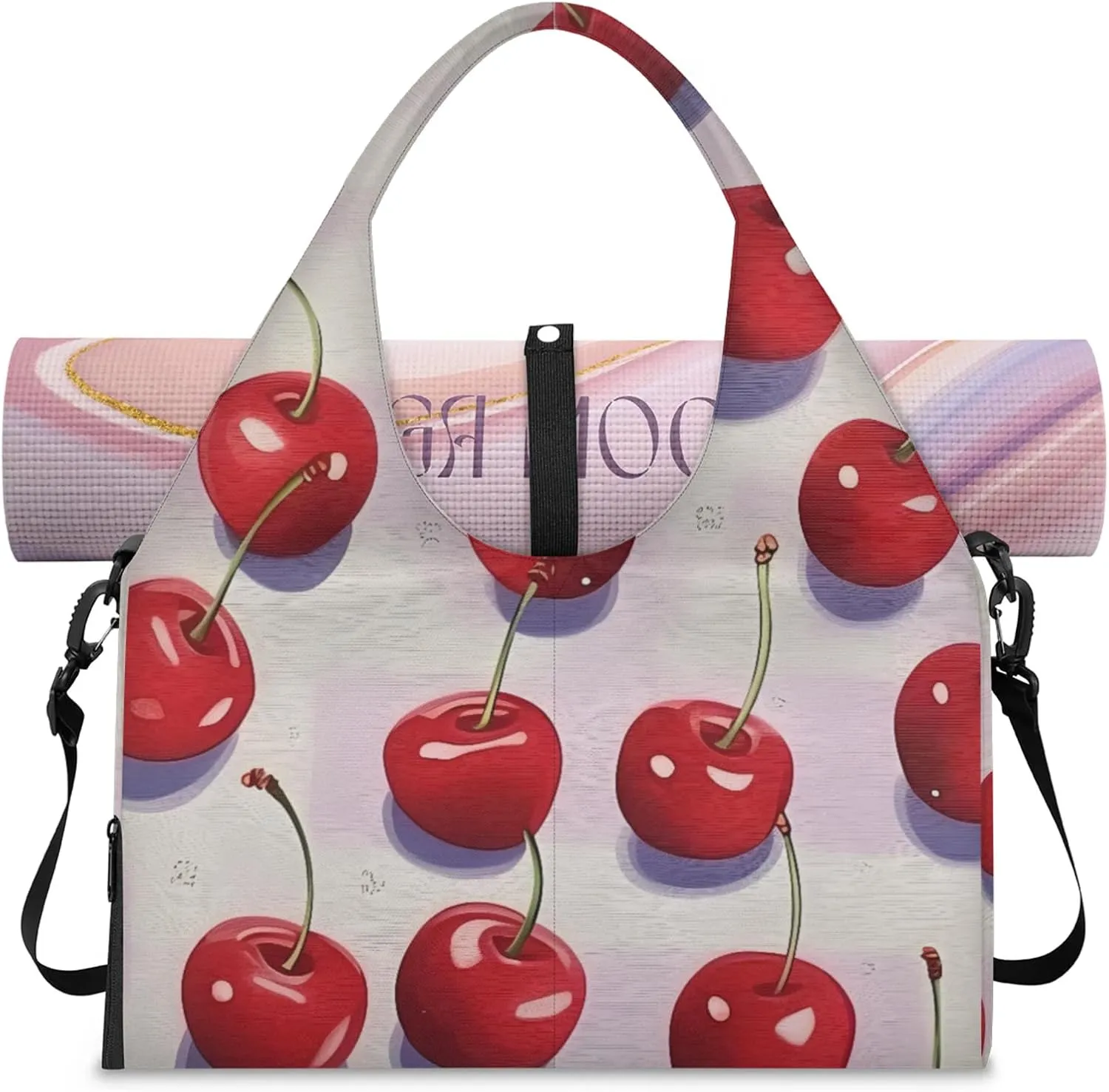 Yoga Tote Bag for Women Cute Cherry Print Beach Bag with Shoe Storage & Yoga Mat Strap Waterproof Weekender Duffle Bag for Travel Fitness Weekend Trips