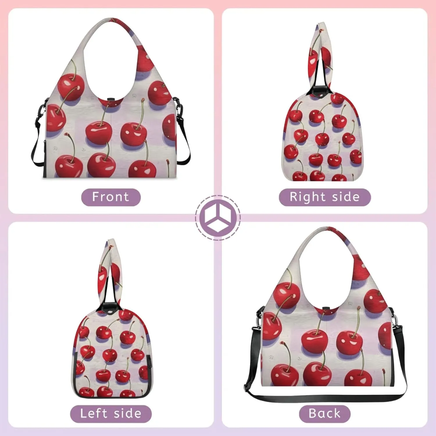 Yoga Tote Bag for Women Cute Cherry Print Beach Bag with Shoe Storage & Yoga Mat Strap Waterproof Weekender Duffle Bag for Travel Fitness Weekend Trips