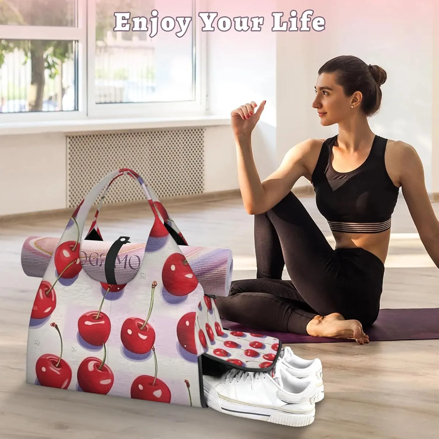 Yoga Tote Bag for Women Cute Cherry Print Beach Bag with Shoe Storage & Yoga Mat Strap Waterproof Weekender Duffle Bag for Travel Fitness Weekend Trips