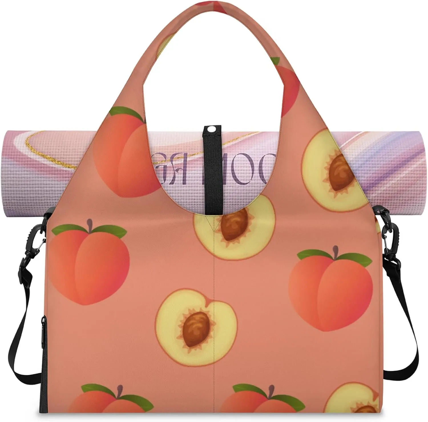 Yoga Tote Bag for Women Fruit Peach Beach Bag with Shoe Storage & Yoga Mat Strap Waterproof Weekender Duffle Bag for Travel Fitness Weekend Trips