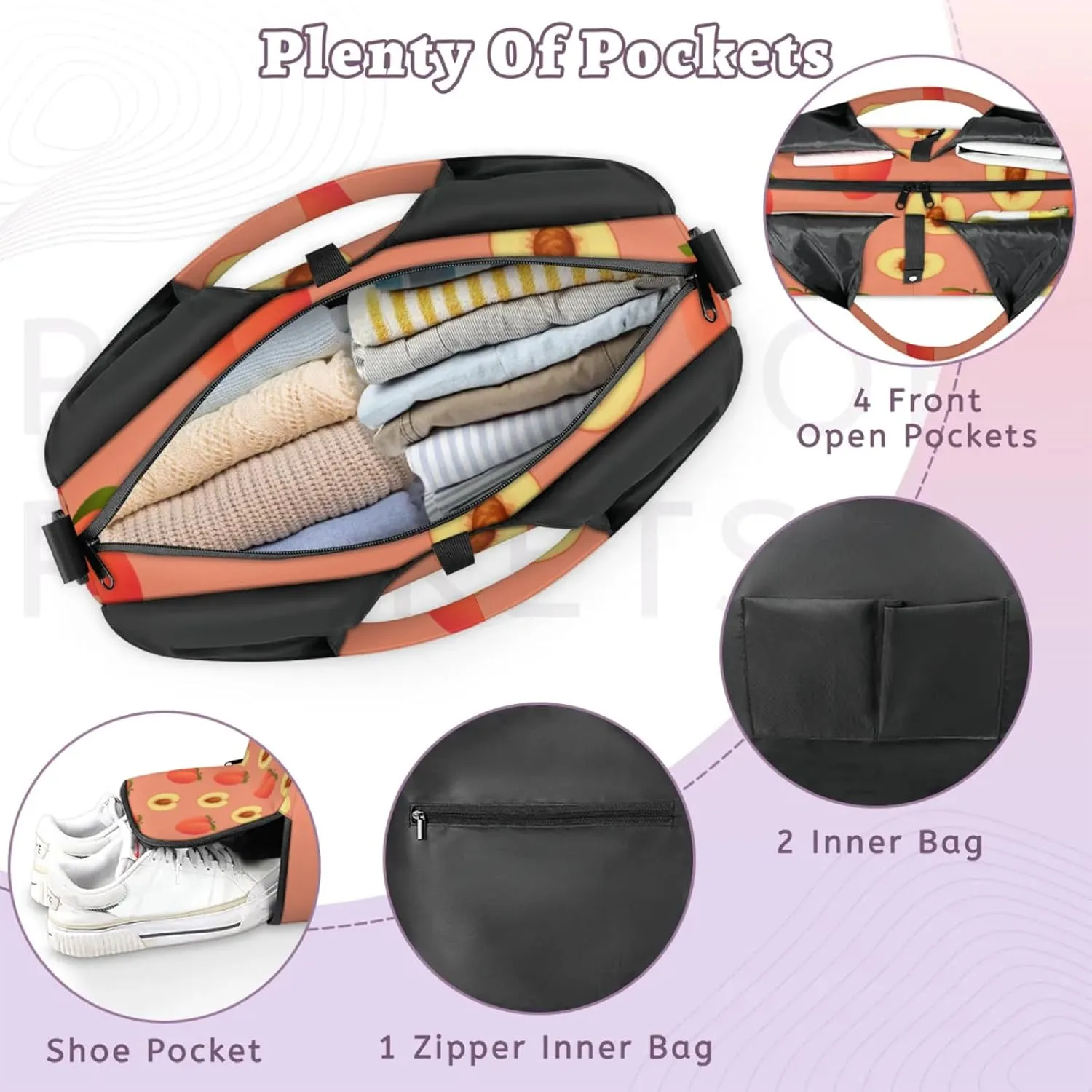 Yoga Tote Bag for Women Fruit Peach Beach Bag with Shoe Storage & Yoga Mat Strap Waterproof Weekender Duffle Bag for Travel Fitness Weekend Trips
