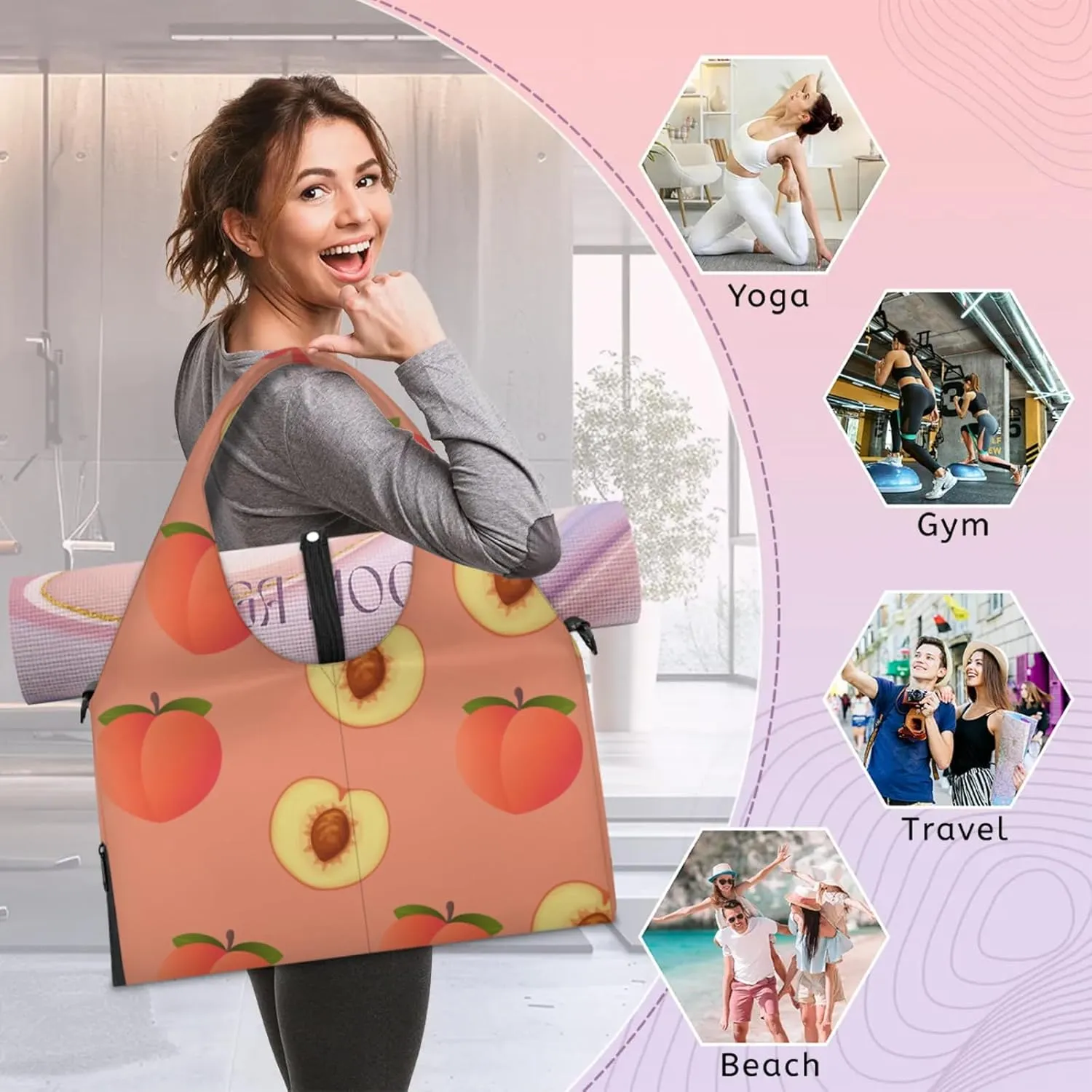 Yoga Tote Bag for Women Fruit Peach Beach Bag with Shoe Storage & Yoga Mat Strap Waterproof Weekender Duffle Bag for Travel Fitness Weekend Trips
