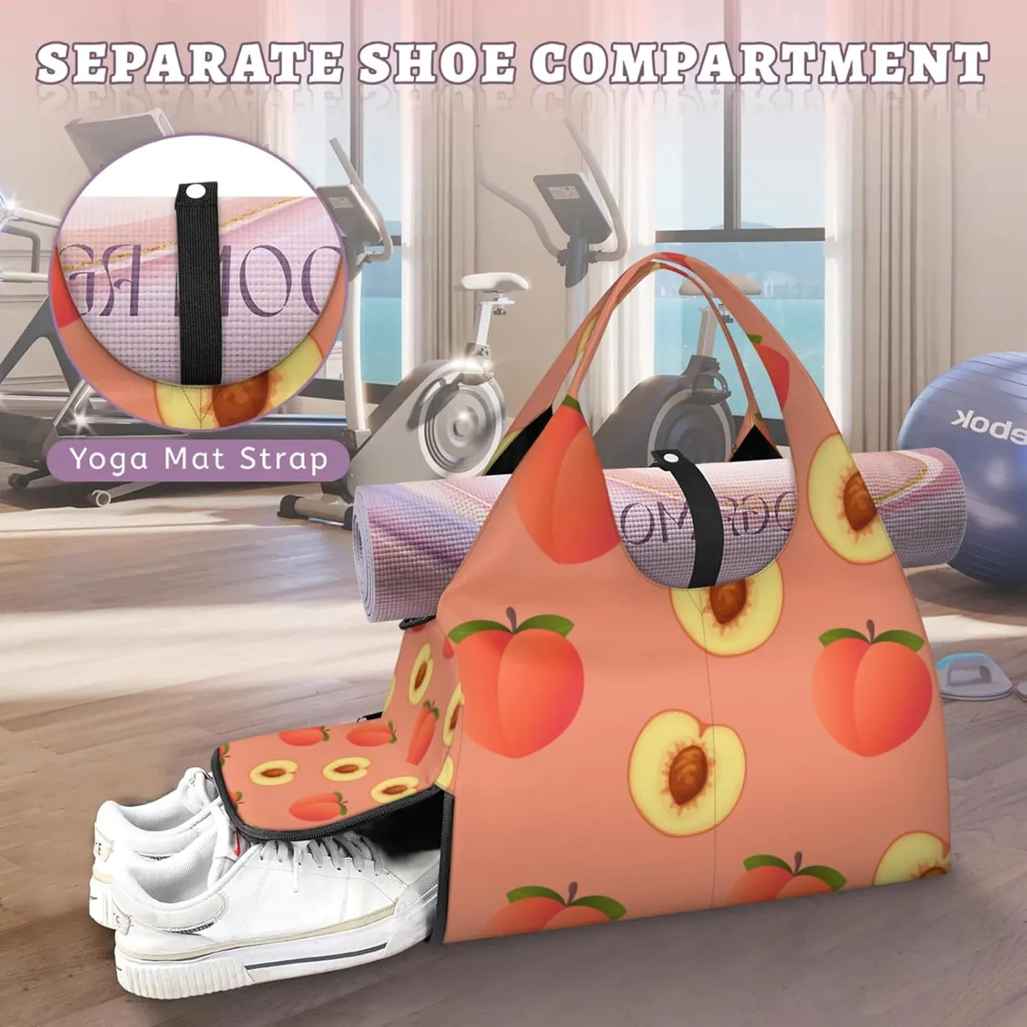 Yoga Tote Bag for Women Fruit Peach Beach Bag with Shoe Storage & Yoga Mat Strap Waterproof Weekender Duffle Bag for Travel Fitness Weekend Trips