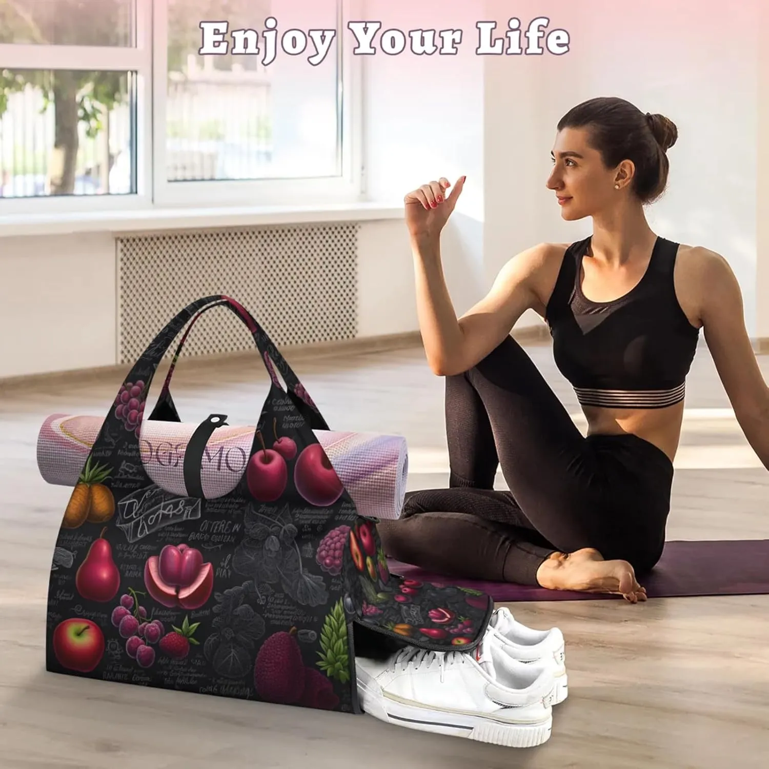 Yoga Tote Bag for Women Fruits Theme Beach Bag with Shoe Storage & Yoga Mat Strap Waterproof Weekender Duffle Bag for Travel Fitness Weekend Trips