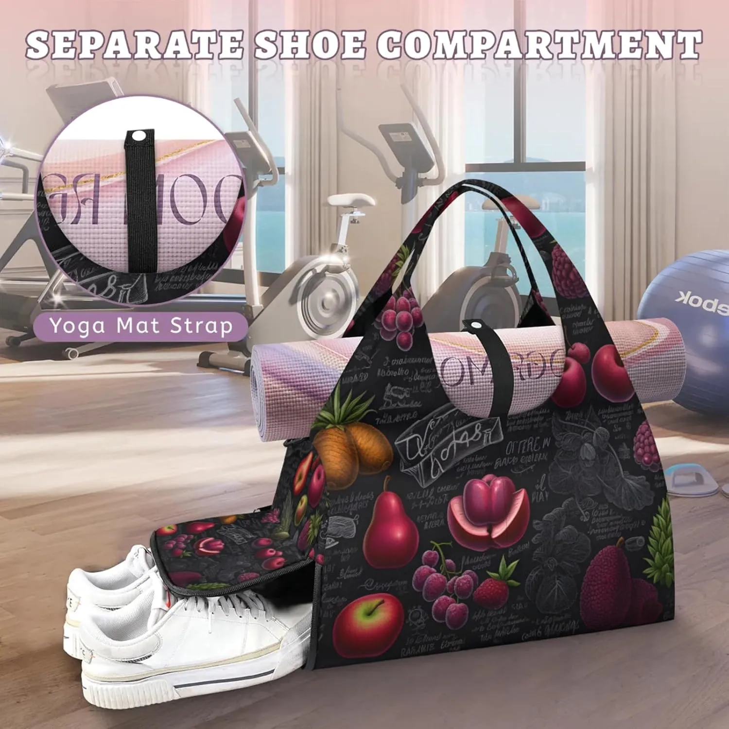Yoga Tote Bag for Women Fruits Theme Beach Bag with Shoe Storage & Yoga Mat Strap Waterproof Weekender Duffle Bag for Travel Fitness Weekend Trips