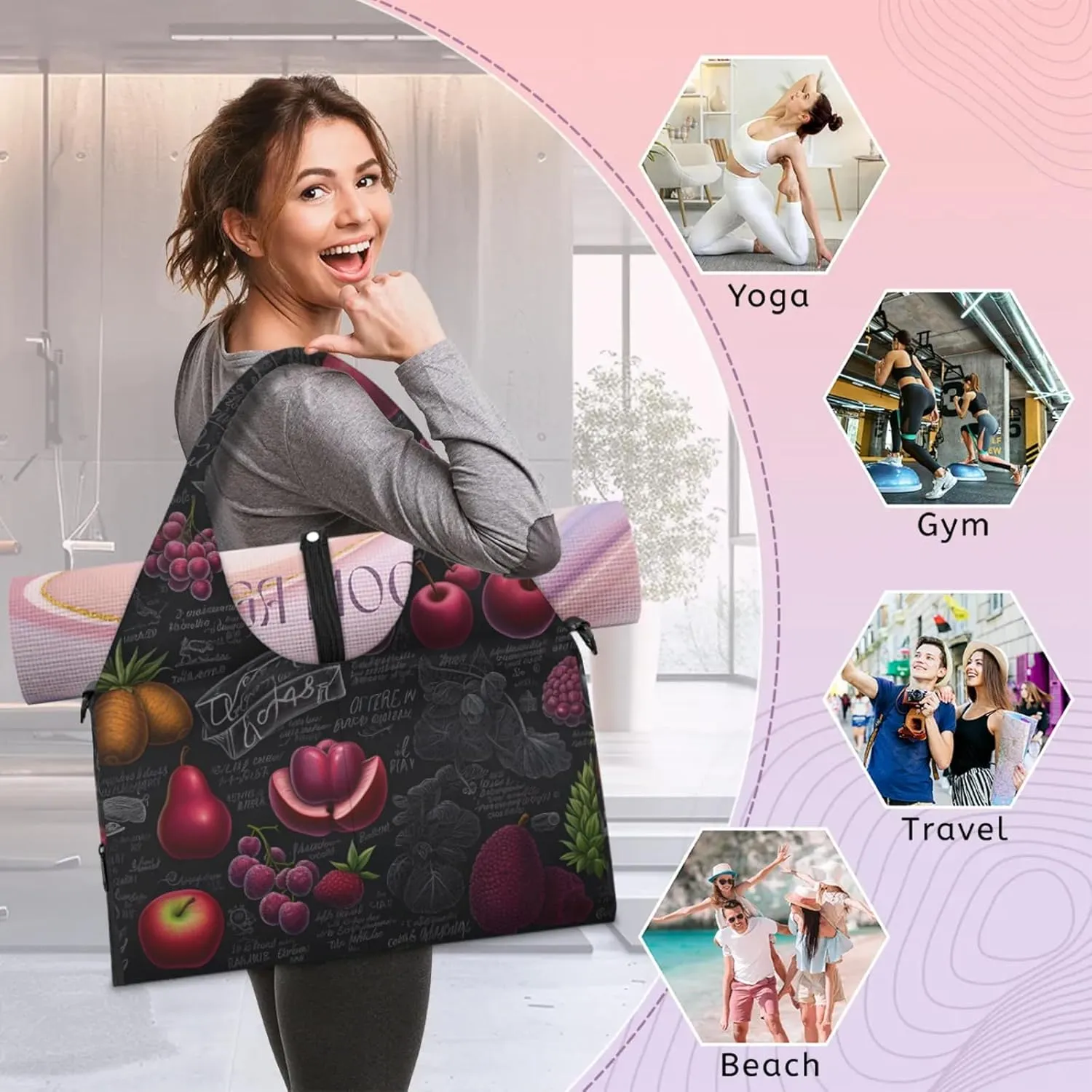 Yoga Tote Bag for Women Fruits Theme Beach Bag with Shoe Storage & Yoga Mat Strap Waterproof Weekender Duffle Bag for Travel Fitness Weekend Trips